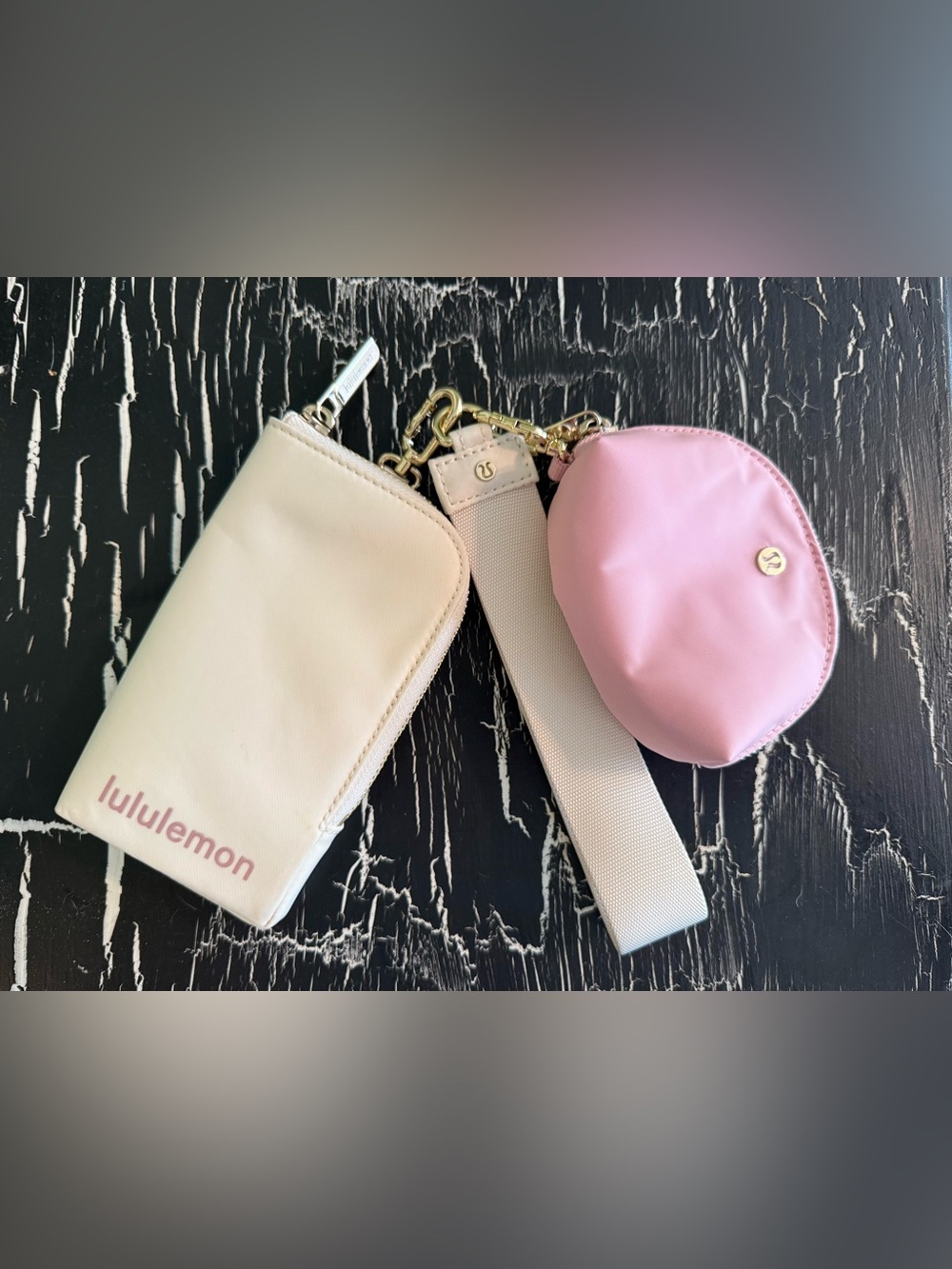 Lululemon Dual Pouch Wristlet Wallet, white opal and meadowsweet pink, gold tone